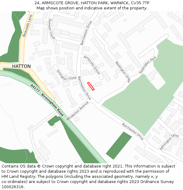 24, ARMSCOTE GROVE, HATTON PARK, WARWICK, CV35 7TP: Location map and indicative extent of plot