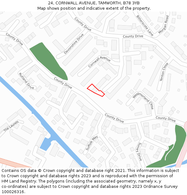 24, CORNWALL AVENUE, TAMWORTH, B78 3YB: Location map and indicative extent of plot