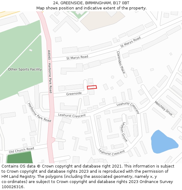 24, GREENSIDE, BIRMINGHAM, B17 0BT: Location map and indicative extent of plot