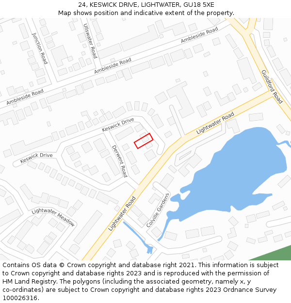 24, KESWICK DRIVE, LIGHTWATER, GU18 5XE: Location map and indicative extent of plot