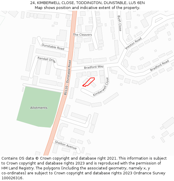 24, KIMBERWELL CLOSE, TODDINGTON, DUNSTABLE, LU5 6EN: Location map and indicative extent of plot