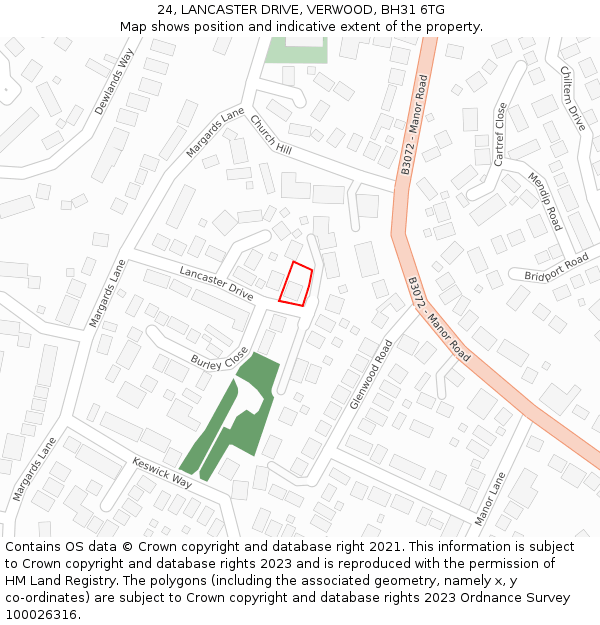 24, LANCASTER DRIVE, VERWOOD, BH31 6TG: Location map and indicative extent of plot