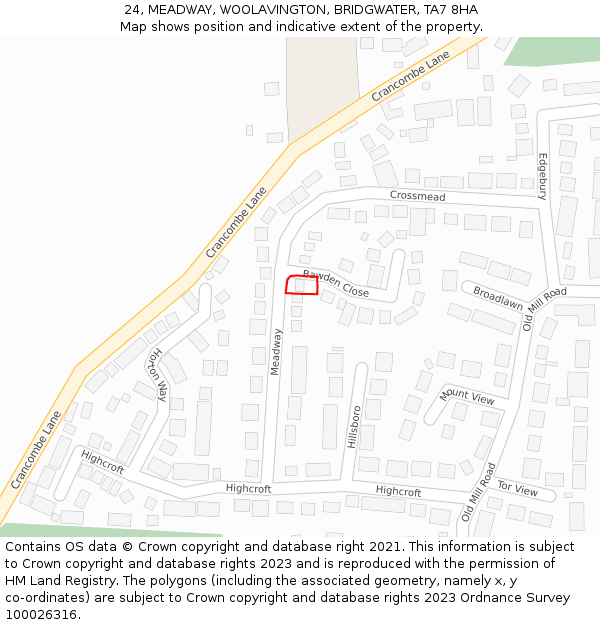 24, MEADWAY, WOOLAVINGTON, BRIDGWATER, TA7 8HA: Location map and indicative extent of plot