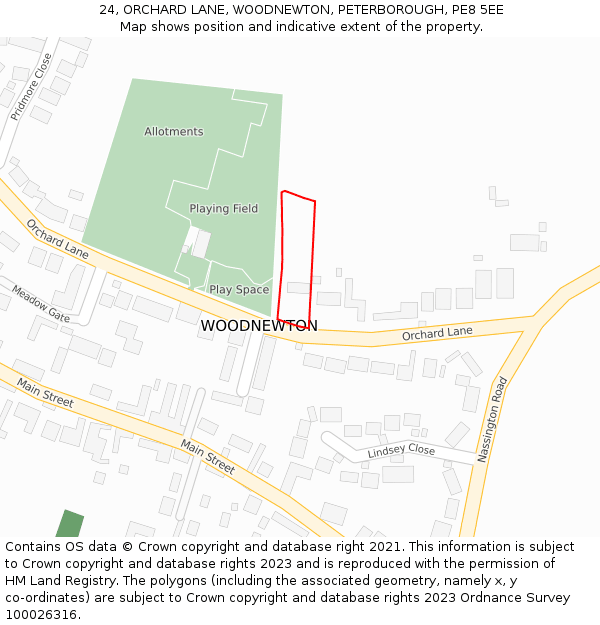 24, ORCHARD LANE, WOODNEWTON, PETERBOROUGH, PE8 5EE: Location map and indicative extent of plot