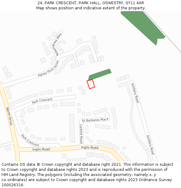 24, PARK CRESCENT, PARK HALL, OSWESTRY, SY11 4AR: Location map and indicative extent of plot