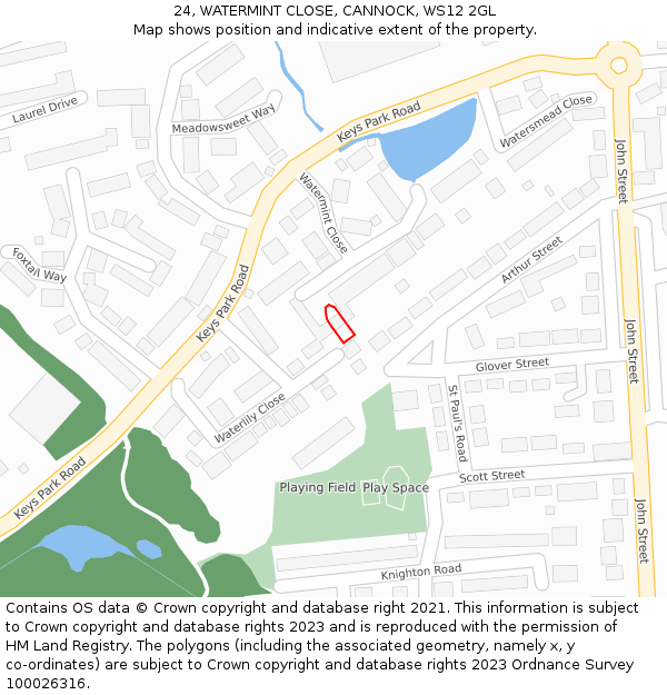 24, WATERMINT CLOSE, CANNOCK, WS12 2GL: Location map and indicative extent of plot