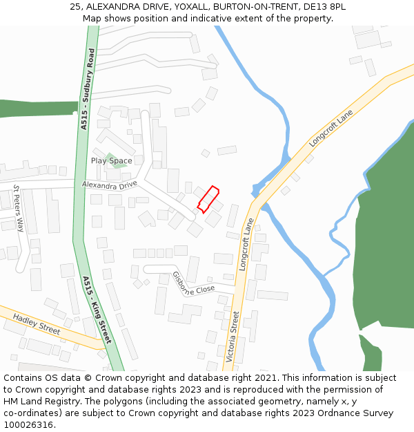 25, ALEXANDRA DRIVE, YOXALL, BURTON-ON-TRENT, DE13 8PL: Location map and indicative extent of plot