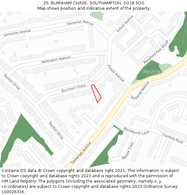 25, BURNHAM CHASE, SOUTHAMPTON, SO18 5DG: Location map and indicative extent of plot