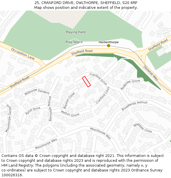 25, CRANFORD DRIVE, OWLTHORPE, SHEFFIELD, S20 6RP: Location map and indicative extent of plot