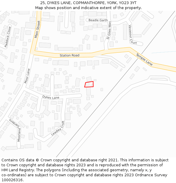 25, DYKES LANE, COPMANTHORPE, YORK, YO23 3YT: Location map and indicative extent of plot