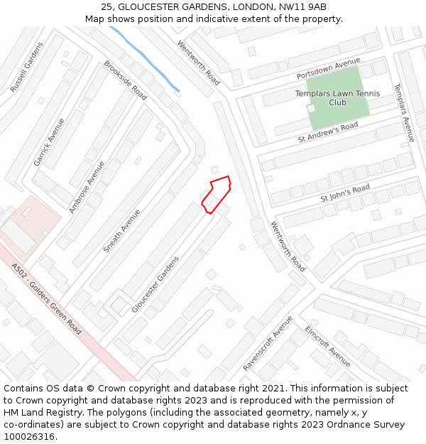 25, GLOUCESTER GARDENS, LONDON, NW11 9AB: Location map and indicative extent of plot