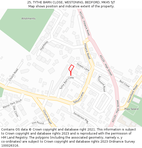 25, TYTHE BARN CLOSE, WESTONING, BEDFORD, MK45 5JT: Location map and indicative extent of plot