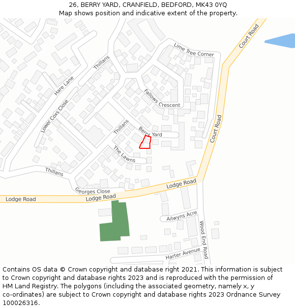 26, BERRY YARD, CRANFIELD, BEDFORD, MK43 0YQ: Location map and indicative extent of plot