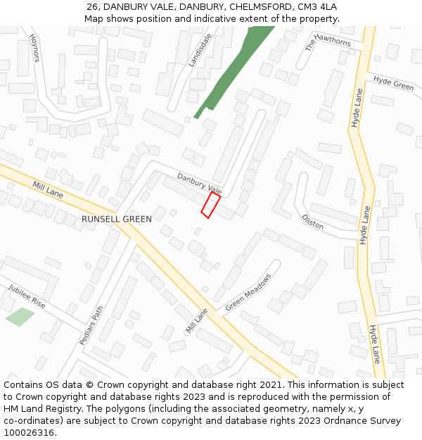 26, DANBURY VALE, DANBURY, CHELMSFORD, CM3 4LA: Location map and indicative extent of plot