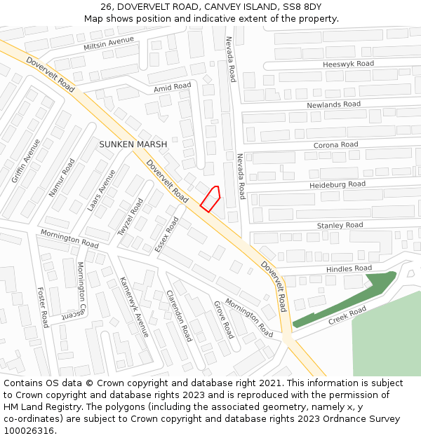 26, DOVERVELT ROAD, CANVEY ISLAND, SS8 8DY: Location map and indicative extent of plot