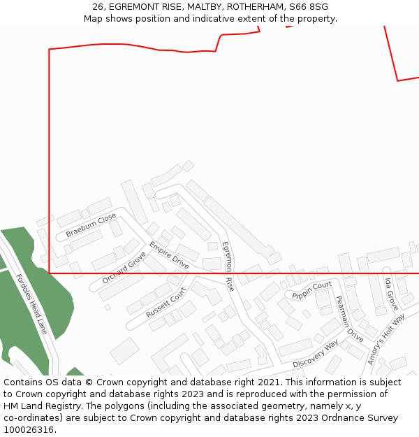 26, EGREMONT RISE, MALTBY, ROTHERHAM, S66 8SG: Location map and indicative extent of plot