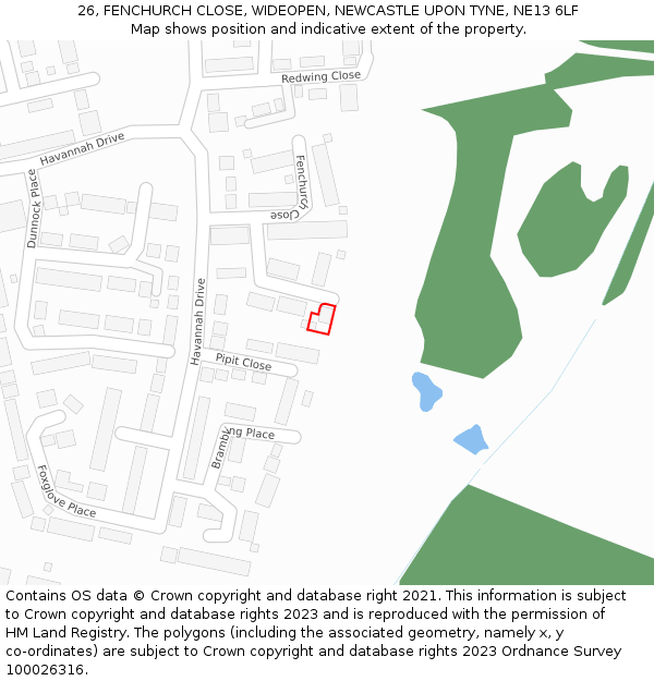 26, FENCHURCH CLOSE, WIDEOPEN, NEWCASTLE UPON TYNE, NE13 6LF: Location map and indicative extent of plot