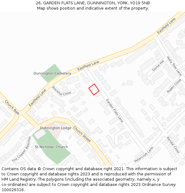 26, GARDEN FLATS LANE, DUNNINGTON, YORK, YO19 5NB: Location map and indicative extent of plot