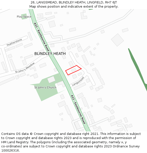 26, LANGSMEAD, BLINDLEY HEATH, LINGFIELD, RH7 6JT: Location map and indicative extent of plot