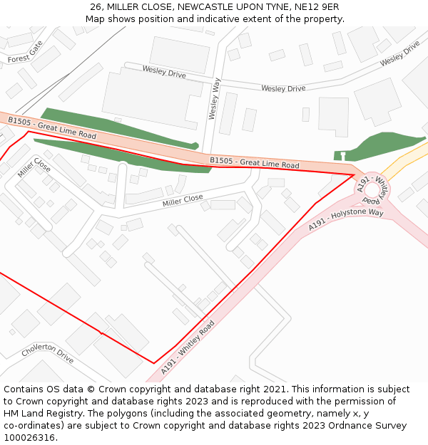 26, MILLER CLOSE, NEWCASTLE UPON TYNE, NE12 9ER: Location map and indicative extent of plot