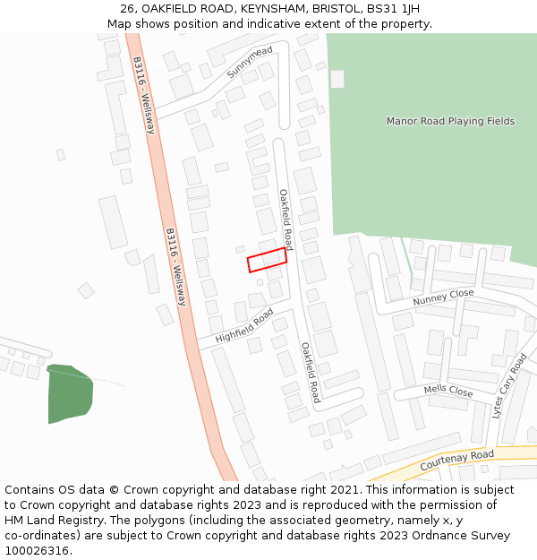 26, OAKFIELD ROAD, KEYNSHAM, BRISTOL, BS31 1JH: Location map and indicative extent of plot