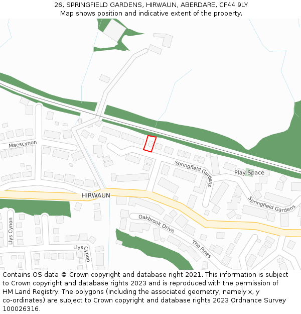 26, SPRINGFIELD GARDENS, HIRWAUN, ABERDARE, CF44 9LY: Location map and indicative extent of plot