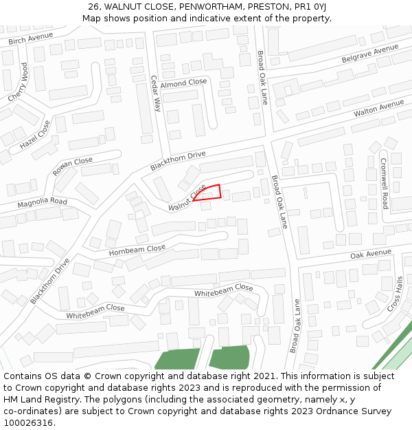 26, WALNUT CLOSE, PENWORTHAM, PRESTON, PR1 0YJ: Location map and indicative extent of plot