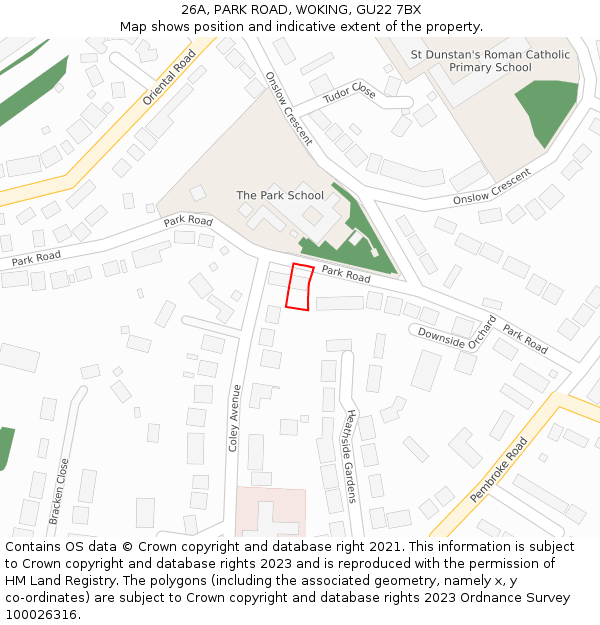 26A, PARK ROAD, WOKING, GU22 7BX: Location map and indicative extent of plot