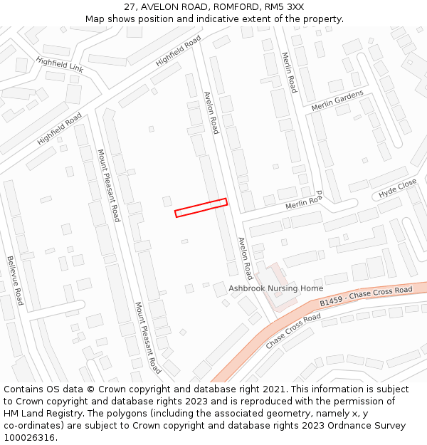 27, AVELON ROAD, ROMFORD, RM5 3XX: Location map and indicative extent of plot