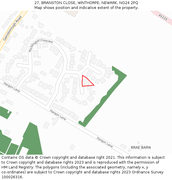 27, BRANSTON CLOSE, WINTHORPE, NEWARK, NG24 2PQ: Location map and indicative extent of plot