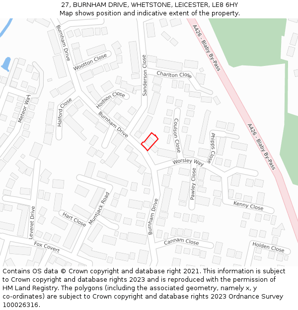 27, BURNHAM DRIVE, WHETSTONE, LEICESTER, LE8 6HY: Location map and indicative extent of plot