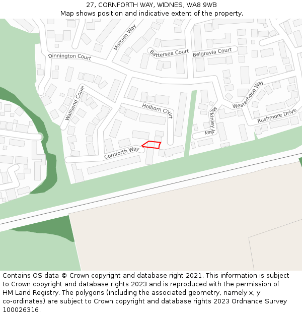 27, CORNFORTH WAY, WIDNES, WA8 9WB: Location map and indicative extent of plot