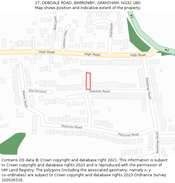 27, DEBDALE ROAD, BARROWBY, GRANTHAM, NG32 1BD: Location map and indicative extent of plot