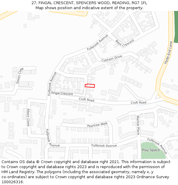 27, FINGAL CRESCENT, SPENCERS WOOD, READING, RG7 1FL: Location map and indicative extent of plot