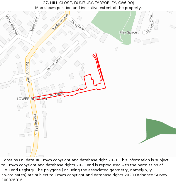 27, HILL CLOSE, BUNBURY, TARPORLEY, CW6 9QJ: Location map and indicative extent of plot