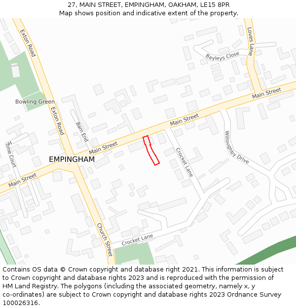 27, MAIN STREET, EMPINGHAM, OAKHAM, LE15 8PR: Location map and indicative extent of plot