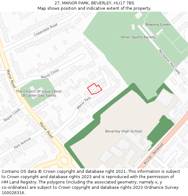 27, MANOR PARK, BEVERLEY, HU17 7BS: Location map and indicative extent of plot