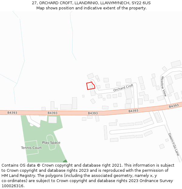 27, ORCHARD CROFT, LLANDRINIO, LLANYMYNECH, SY22 6US: Location map and indicative extent of plot