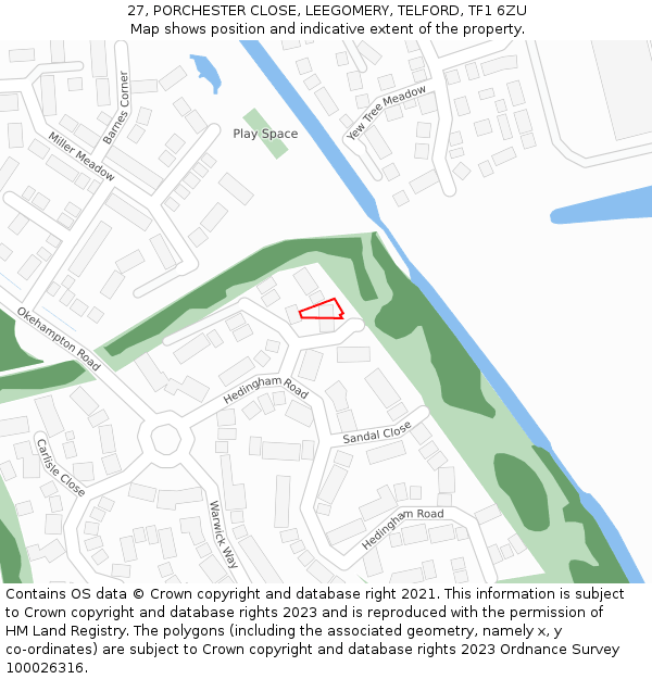 27, PORCHESTER CLOSE, LEEGOMERY, TELFORD, TF1 6ZU: Location map and indicative extent of plot