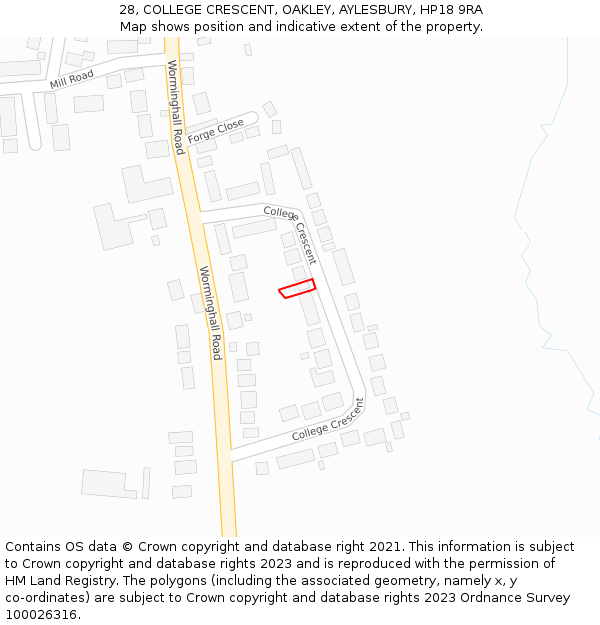 28, COLLEGE CRESCENT, OAKLEY, AYLESBURY, HP18 9RA: Location map and indicative extent of plot