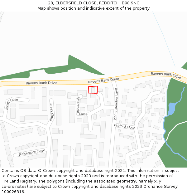 28, ELDERSFIELD CLOSE, REDDITCH, B98 9NG: Location map and indicative extent of plot