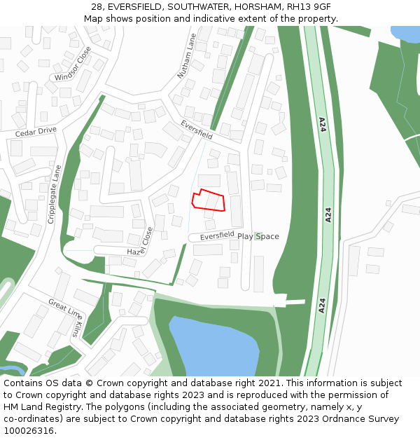 28, EVERSFIELD, SOUTHWATER, HORSHAM, RH13 9GF: Location map and indicative extent of plot