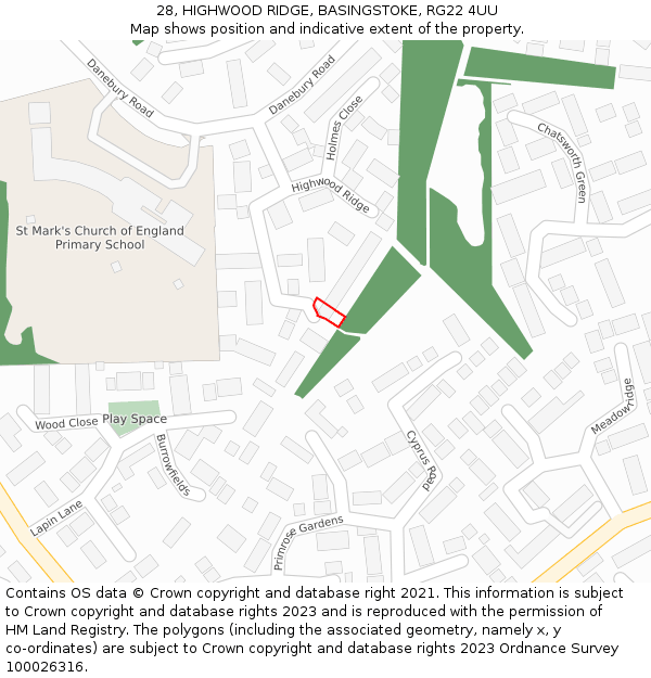 28, HIGHWOOD RIDGE, BASINGSTOKE, RG22 4UU: Location map and indicative extent of plot