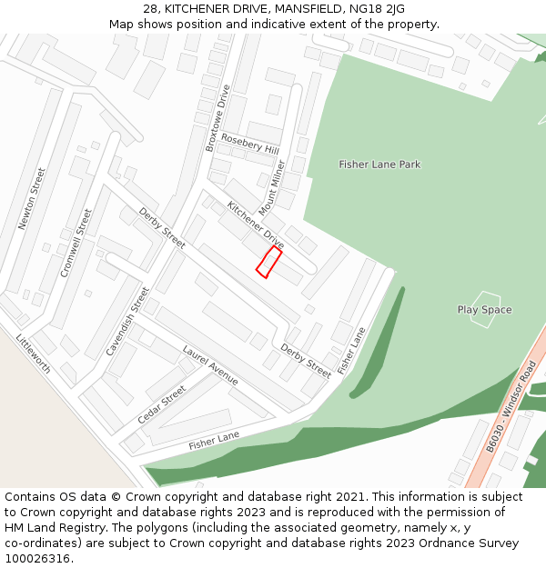 28, KITCHENER DRIVE, MANSFIELD, NG18 2JG: Location map and indicative extent of plot