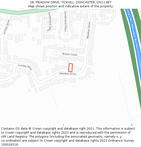 28, MEADOW DRIVE, TICKHILL, DONCASTER, DN11 9ET: Location map and indicative extent of plot