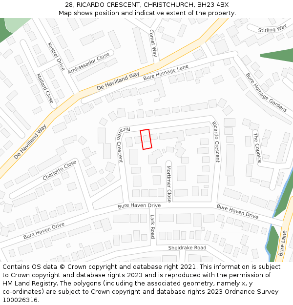 28, RICARDO CRESCENT, CHRISTCHURCH, BH23 4BX: Location map and indicative extent of plot