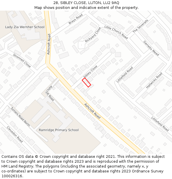 28, SIBLEY CLOSE, LUTON, LU2 9AQ: Location map and indicative extent of plot