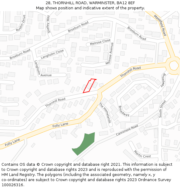 28, THORNHILL ROAD, WARMINSTER, BA12 8EF: Location map and indicative extent of plot