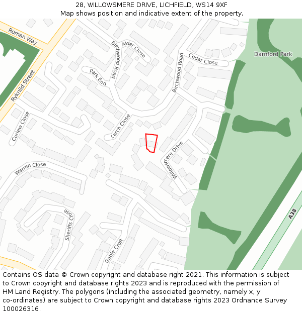 28, WILLOWSMERE DRIVE, LICHFIELD, WS14 9XF: Location map and indicative extent of plot