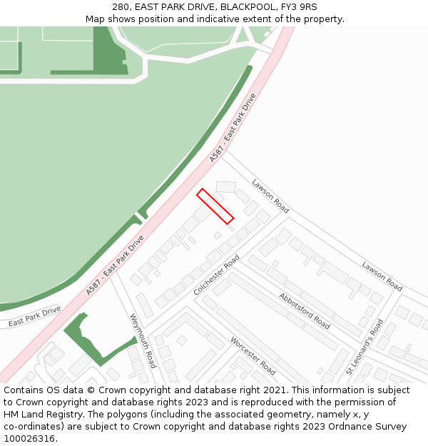 280, EAST PARK DRIVE, BLACKPOOL, FY3 9RS: Location map and indicative extent of plot